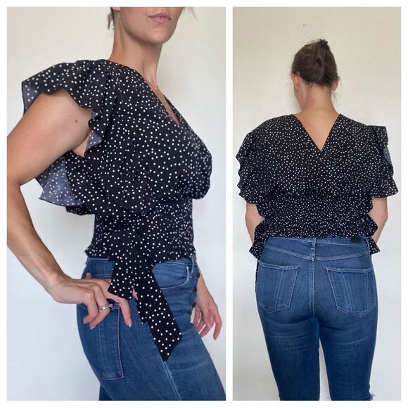 SHEIN Top Stretchy Polkadot Black White Smocked 3X Side Tie Plus - Picture 8 of 13